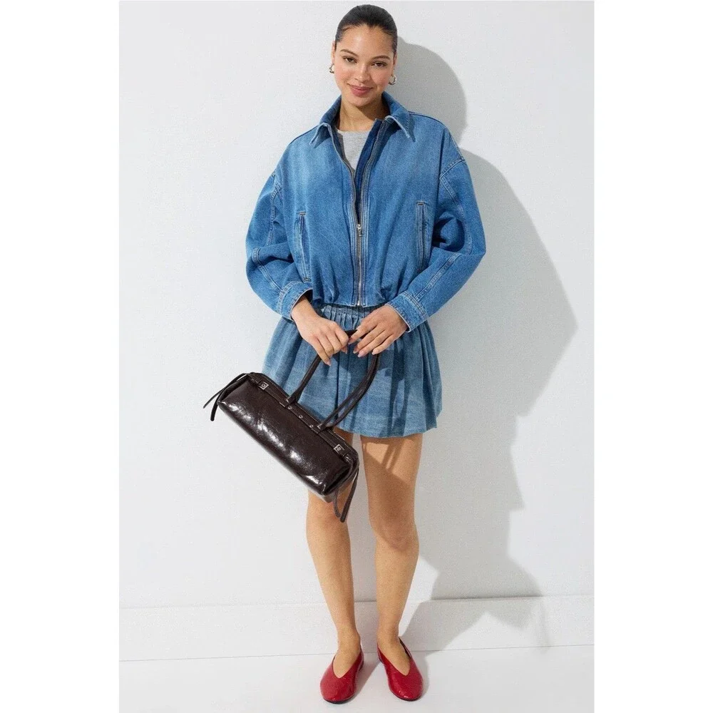 Maje Women’s Denim Bubble Hem Jacket Size 2 (US M) Blue Jean Zip Up NWT